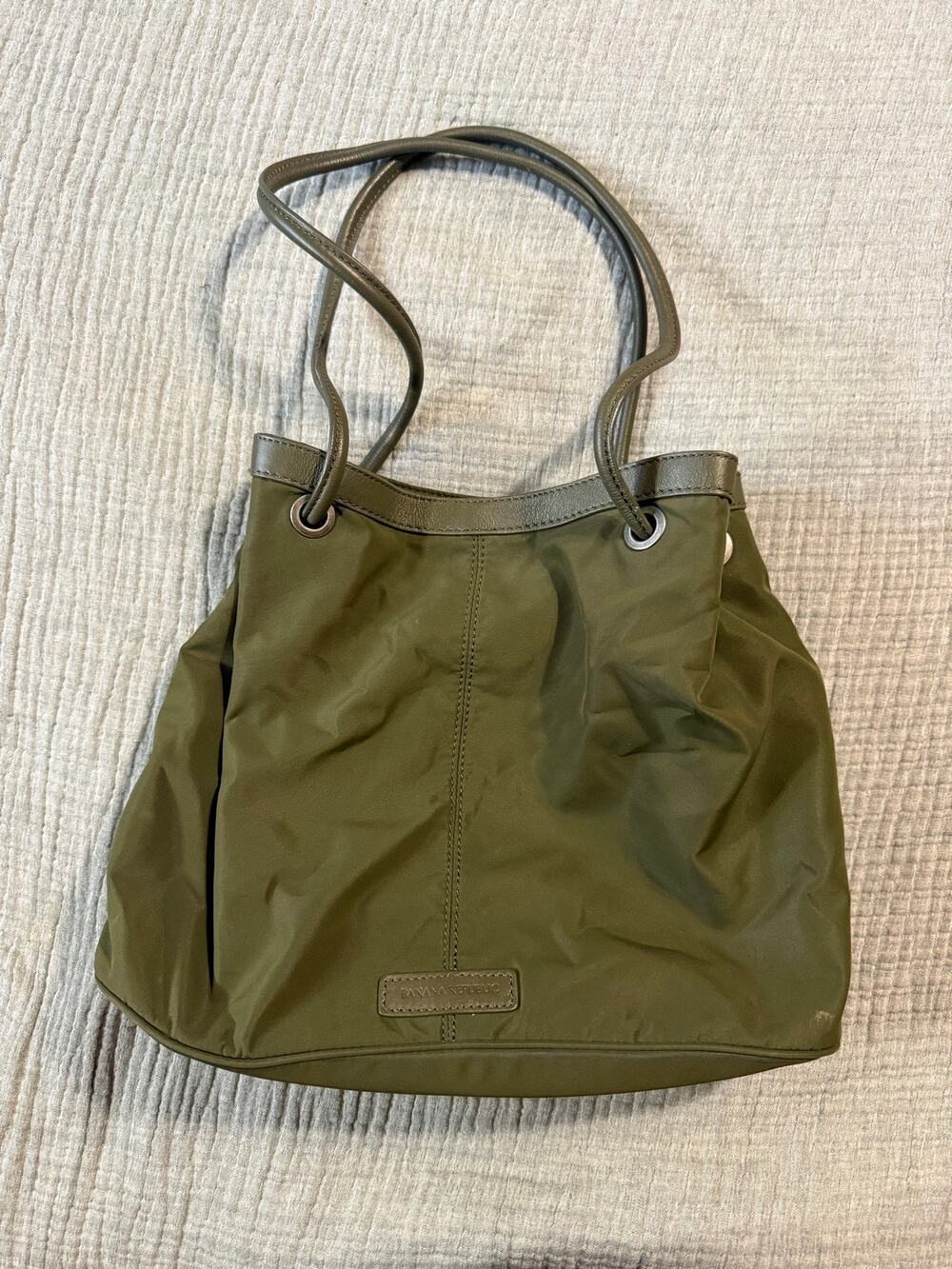 Banana Republic Green Leather and Canvas Bucket Bag Purse